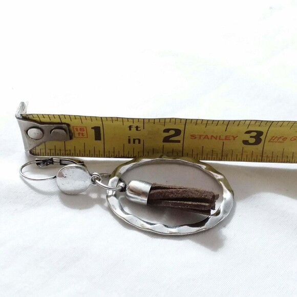 Tassel Earrings boho festival circle silver tone brown leather geometric dangle - Picture 2 of 4